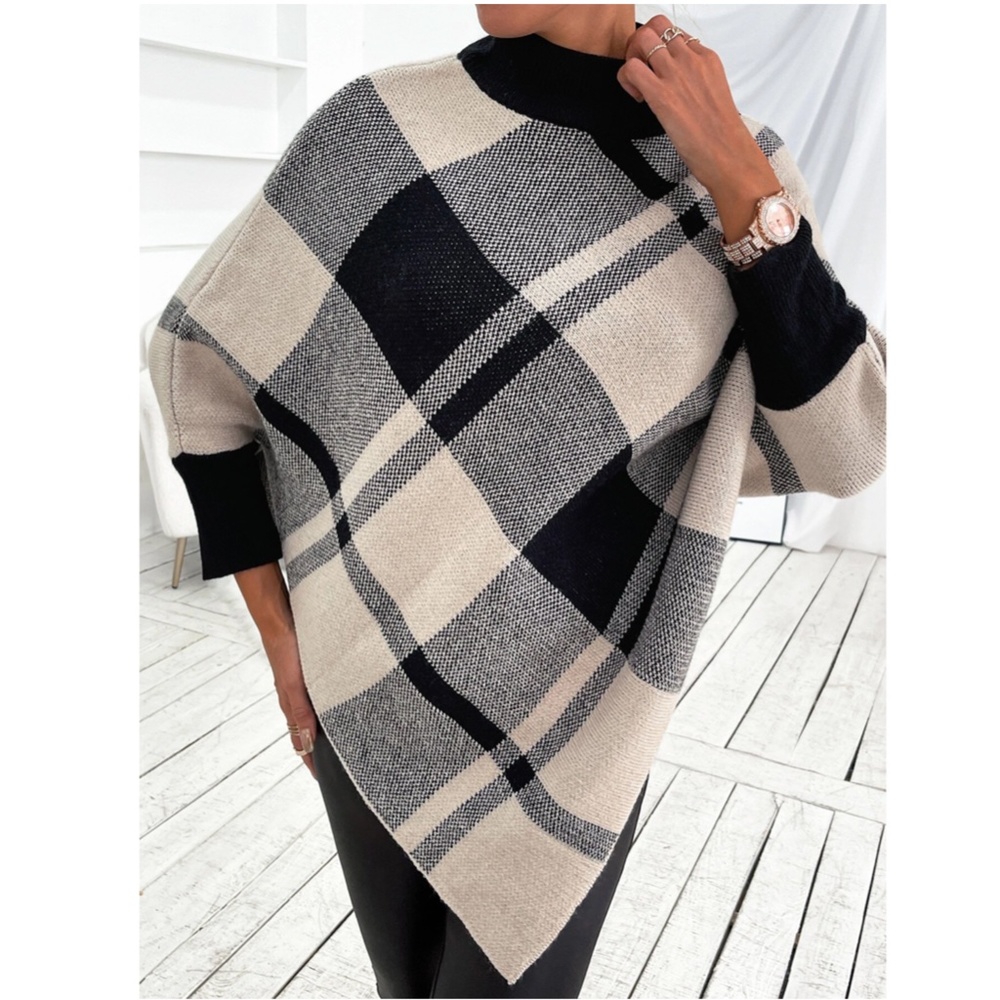 Plaid Poncho Style Sweater Turtleneck Beige Black - Picture 6 of 14